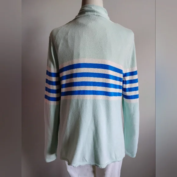 Talbots Cotton Cashmere Open Cardigan Stripe Blue Aqua Classic Size Large - Picture 9 of 15